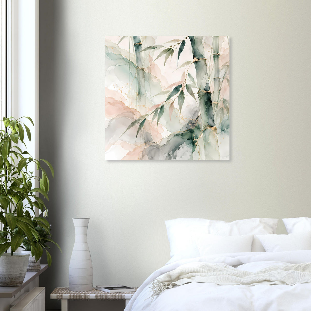 Quadratisches Naturposter mit abstraktem Aquarell-Bambus in Grün, Creme und Rosa