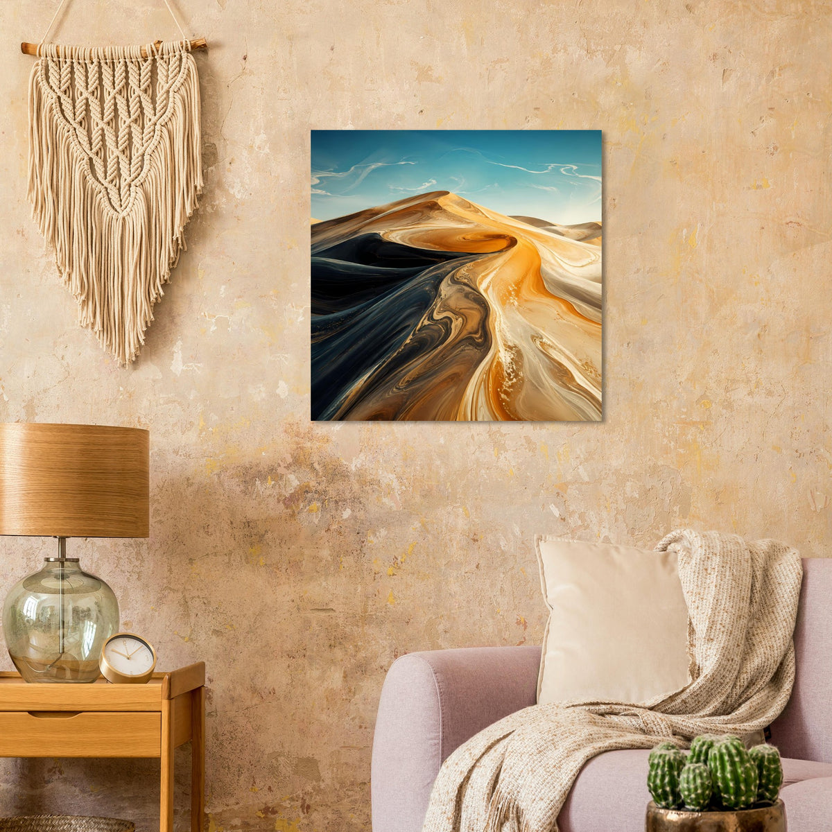 Abstraktes Wüstenwellen-Poster im quadratischen Rahmen: orangefarbener Sand, dunkle Bereiche, Blau