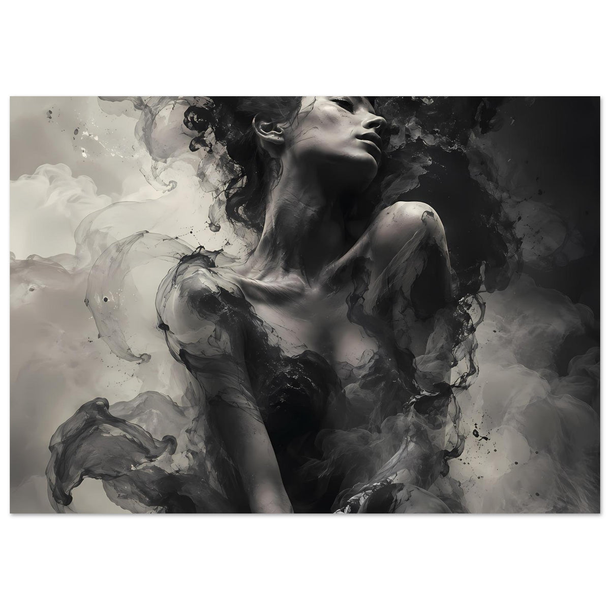 Schwarzweiß-Kunstposter im Querformat: Frauenporträt mit hellen und dunklen Tintenwolken