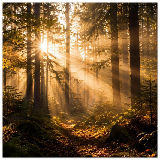 Matte Poster mit Sonnenstrahlen im Nadelwald und Licht im Nebel, rechteckig