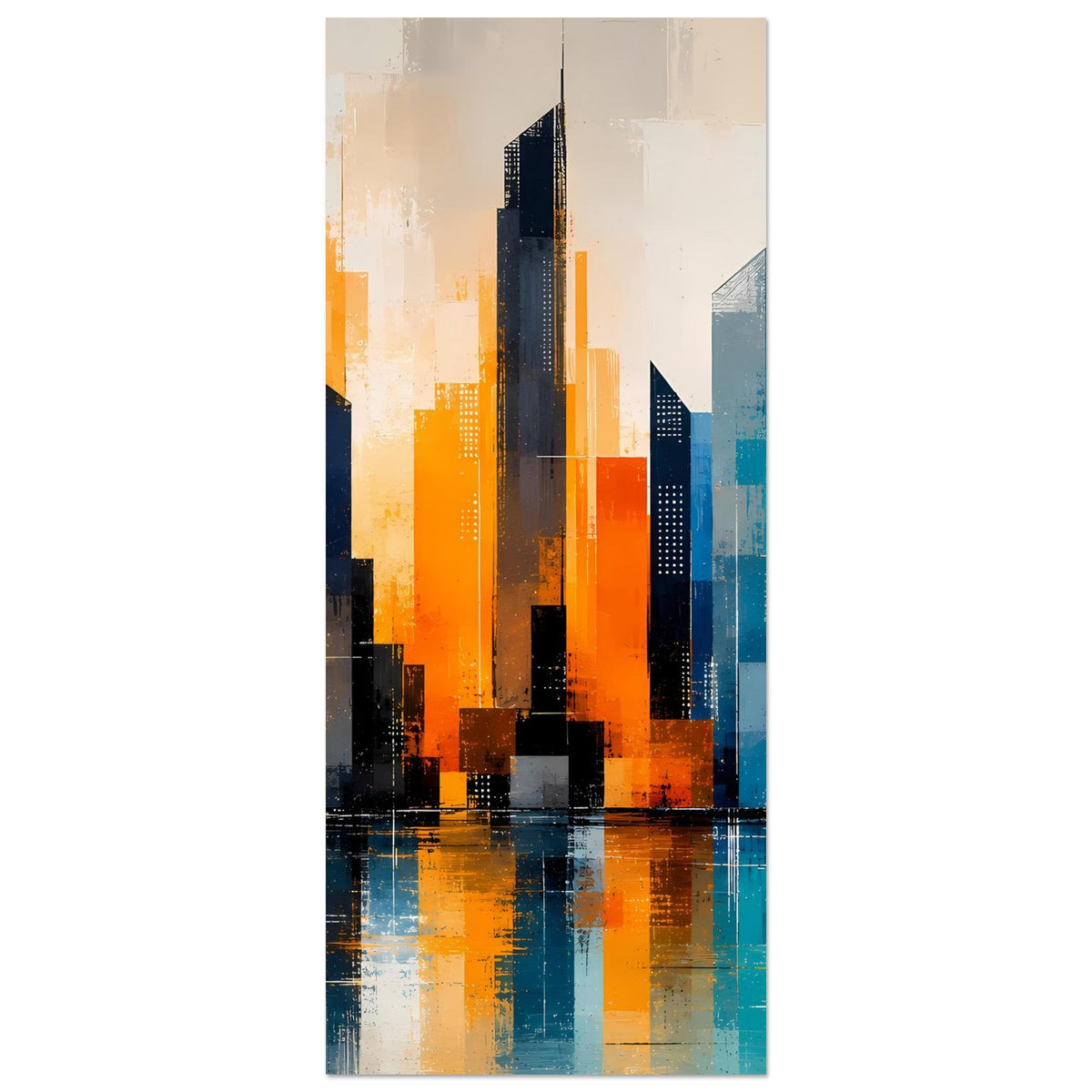 Abstraktes Skyline-Poster im schmalen Hochformat: orangefarbene und türkisfarbene Türme