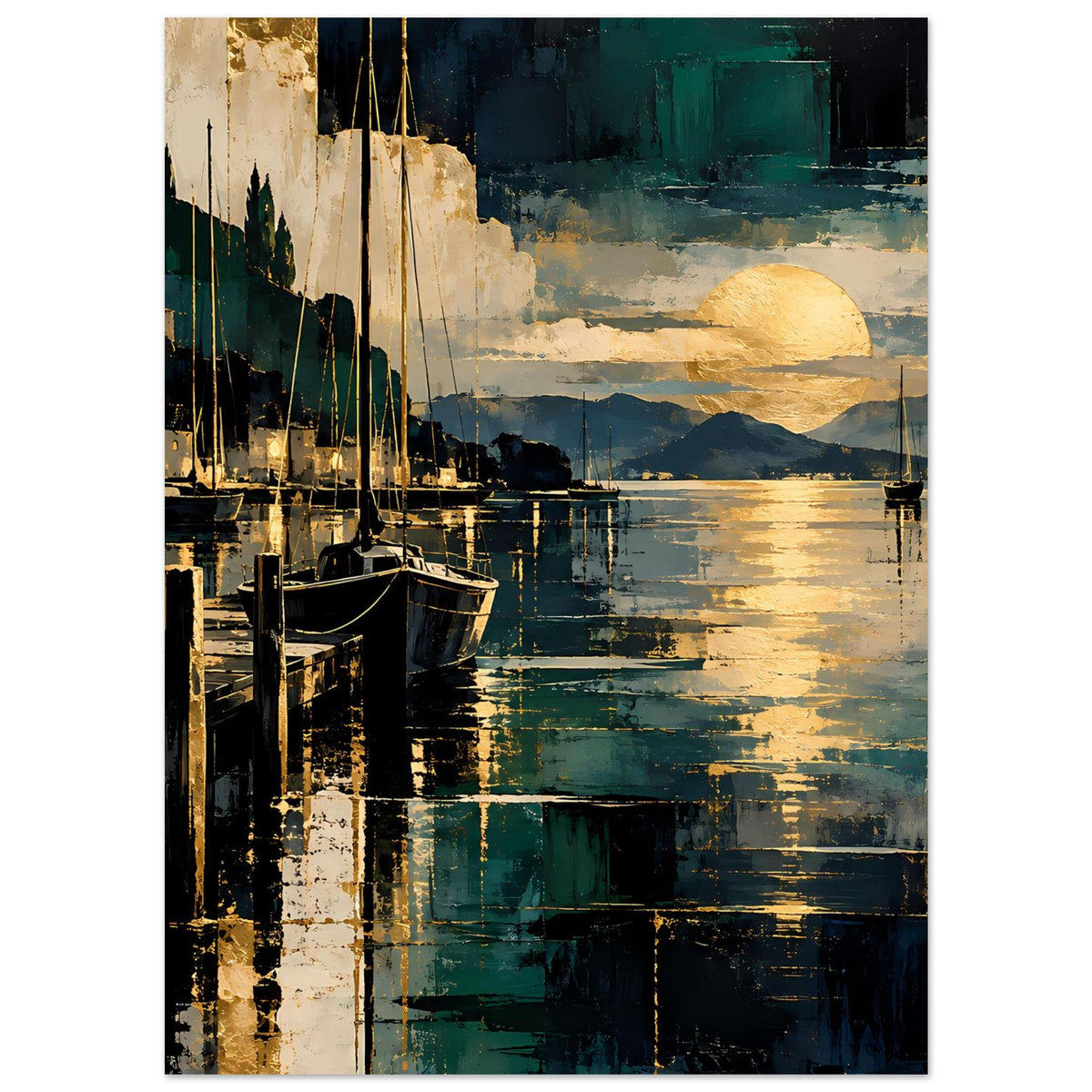 Hafenposter mit Segelbooten an Pfählen, türkis-blaue Texturen und goldener Sonnenkreis