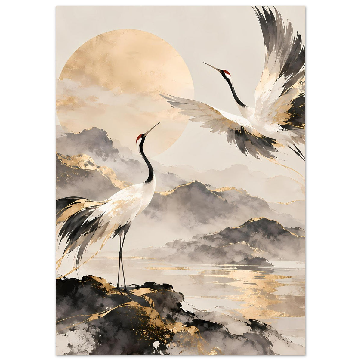 Poster mit zwei Kranichen vor Bergkulisse, kreisförmiger Sonne und goldenen Details