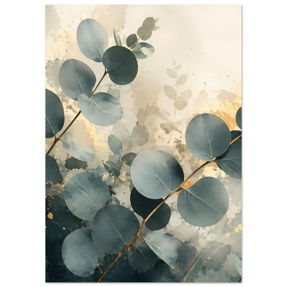 Eukalyptus-Poster, Hochformat, mit Eukalyptuszweigen und hellen Blattflächen sowie Goldakzenten
