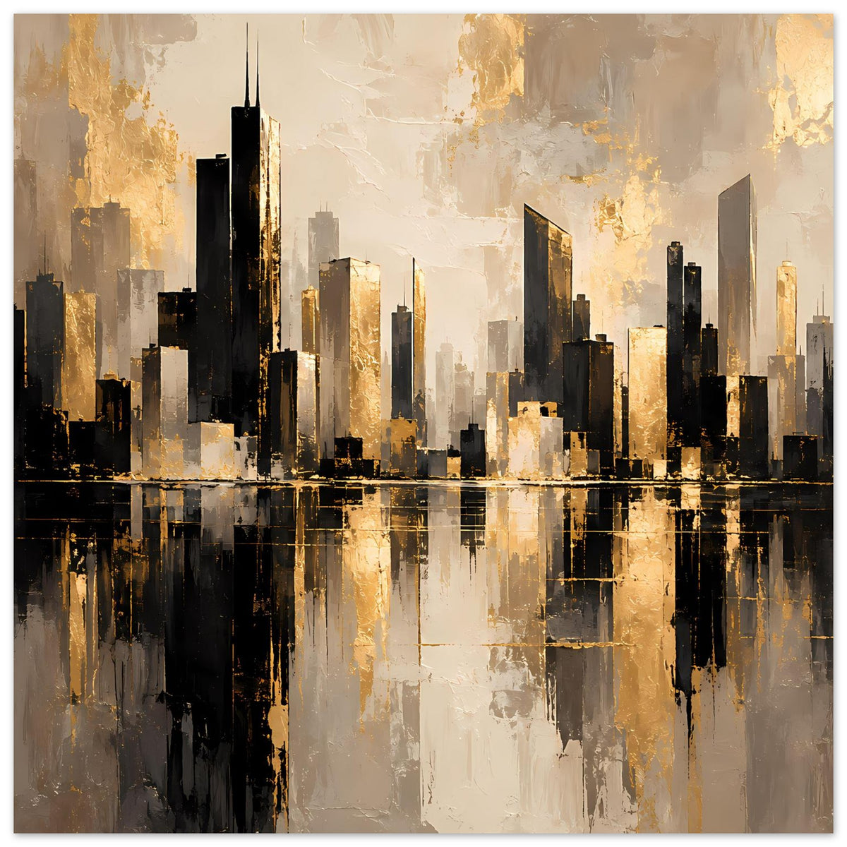 Stadtposter mit goldener Skyline, reflektiert im dunklen Wasserbecken, grau-schwarz