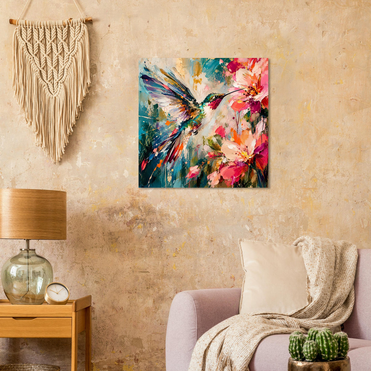 Quadratisches Poster mit Kolibri und Blüten, bunt und aquarellartig