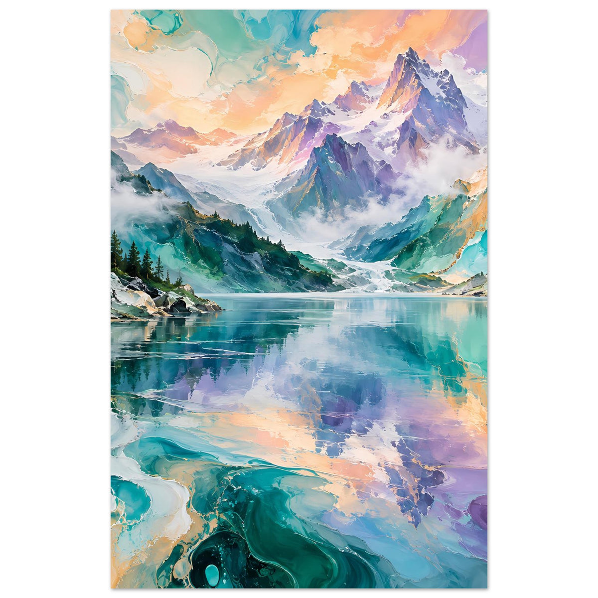 Vertikaler Posterdruck mit Berglandschaft und spiegelndem See in Türkis, Lila und Orange