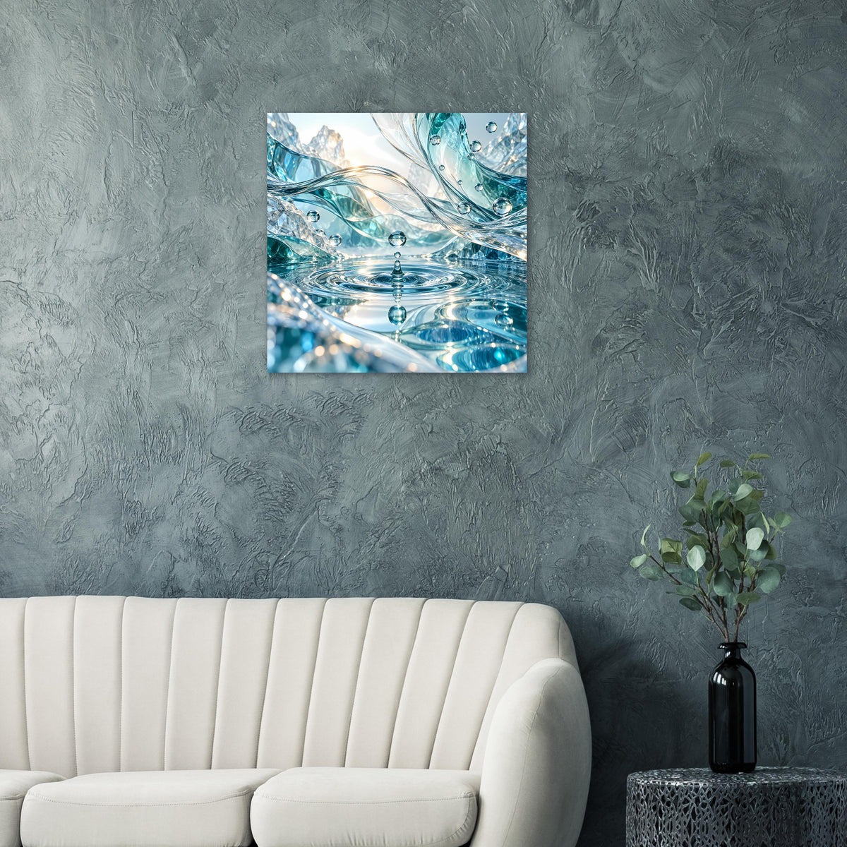 Quadratisches Poster mit blauem Wasserwirbel, Glitzerpunkten und Blasen