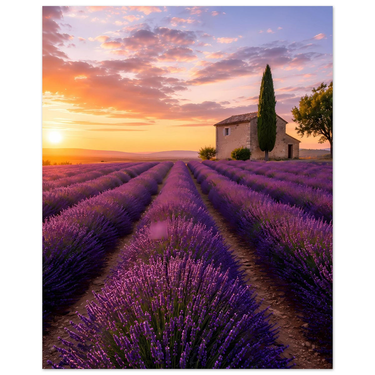 Lavendel-Landschaftsposter mit violetten Blütenfeldern, geradem Weg, kleiner Hütte und Zypresse rechts.