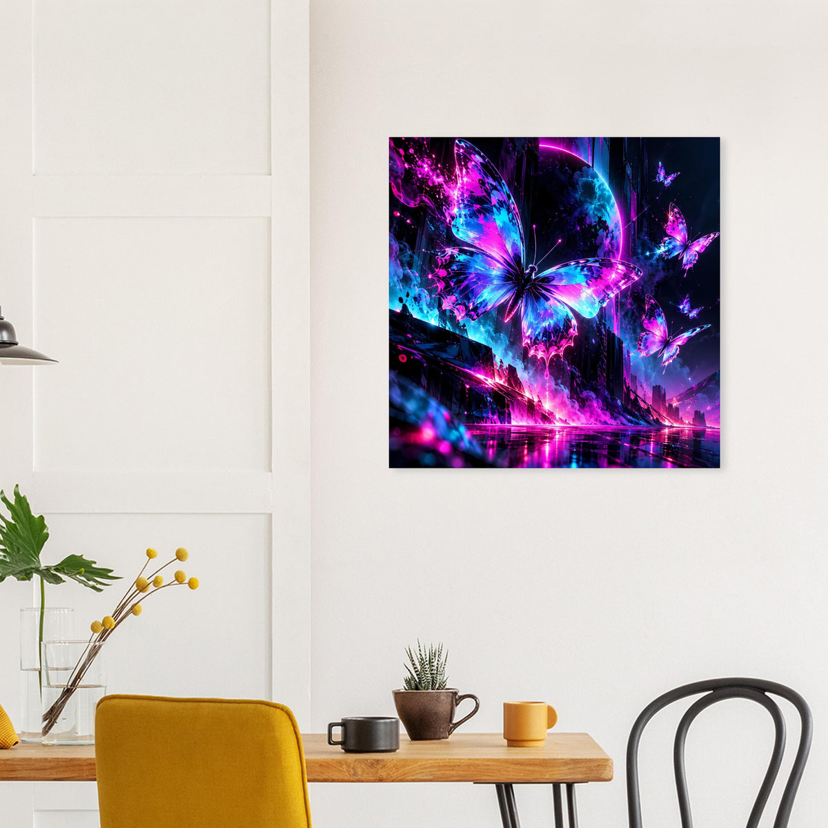 Neon-Schmetterlingsposter mit kräftigen Blau- und Pinktönen, leuchtende Fantasie-Formen