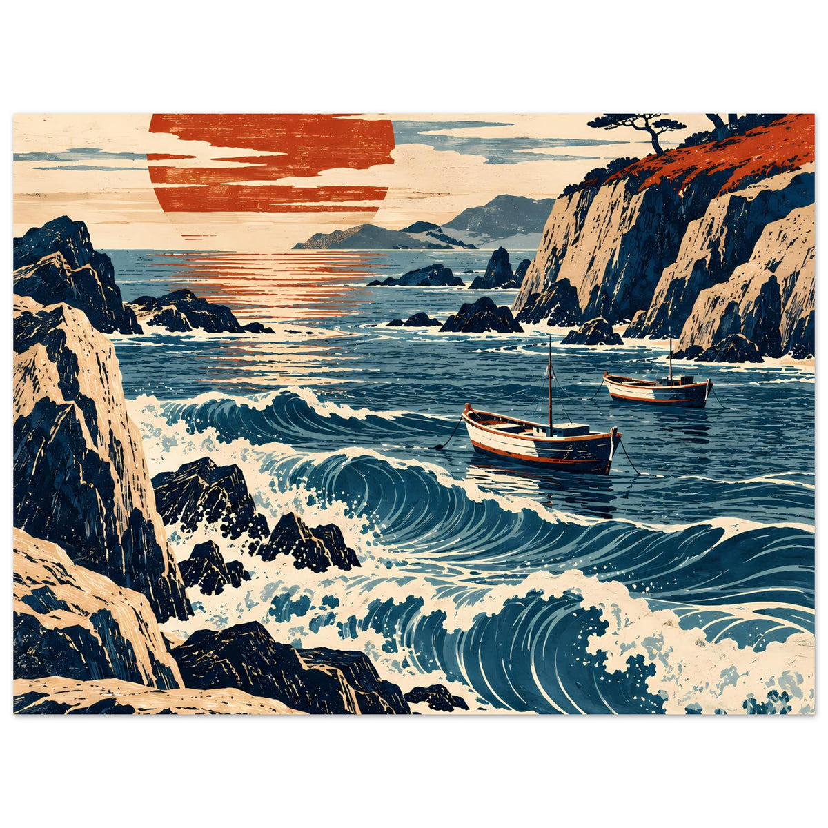 Horizontales Küstenwellen-Poster mit Booten, hohen Klippen und rötlicher Sonnen-Scheibe.