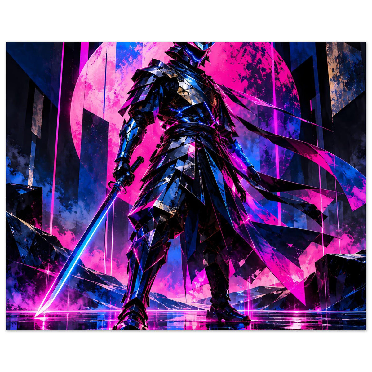 Neon-Cyberpunk-Poster im Querformat: Kriegerfigur in Pink/Blau mit Lichtschwert