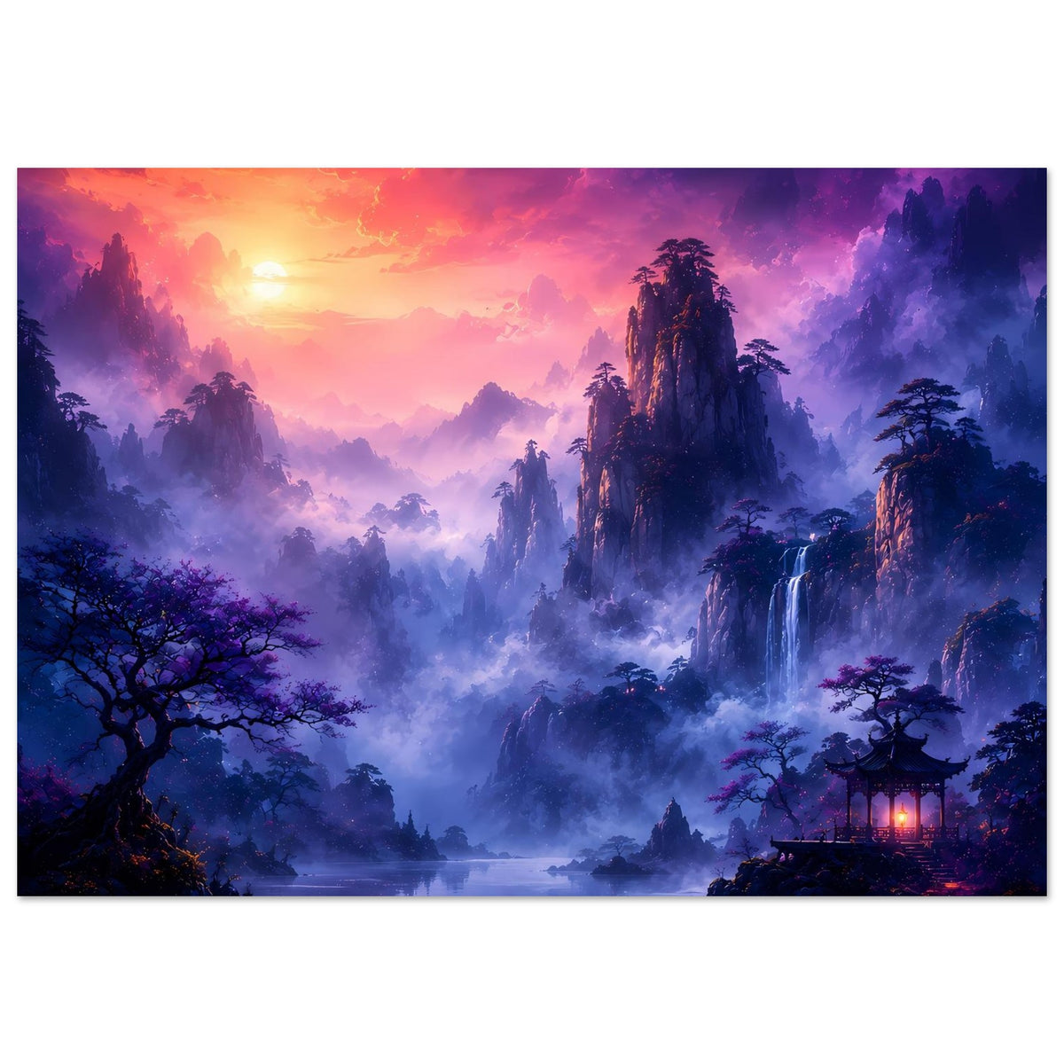 Fantasy-Poster im Rahmen mit Nebelbergen, See, Wasserfall und Lichter im Wald