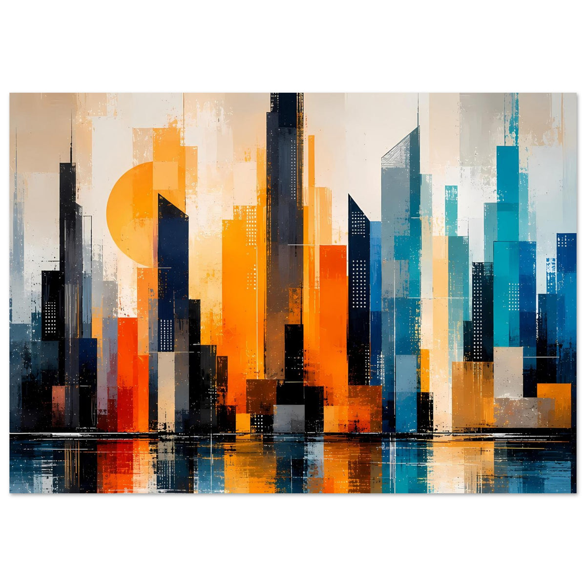Abstraktes Skyline-Stadtposter mit orangefarbenen und türkisblauen Hochhäusern und Reflexionen