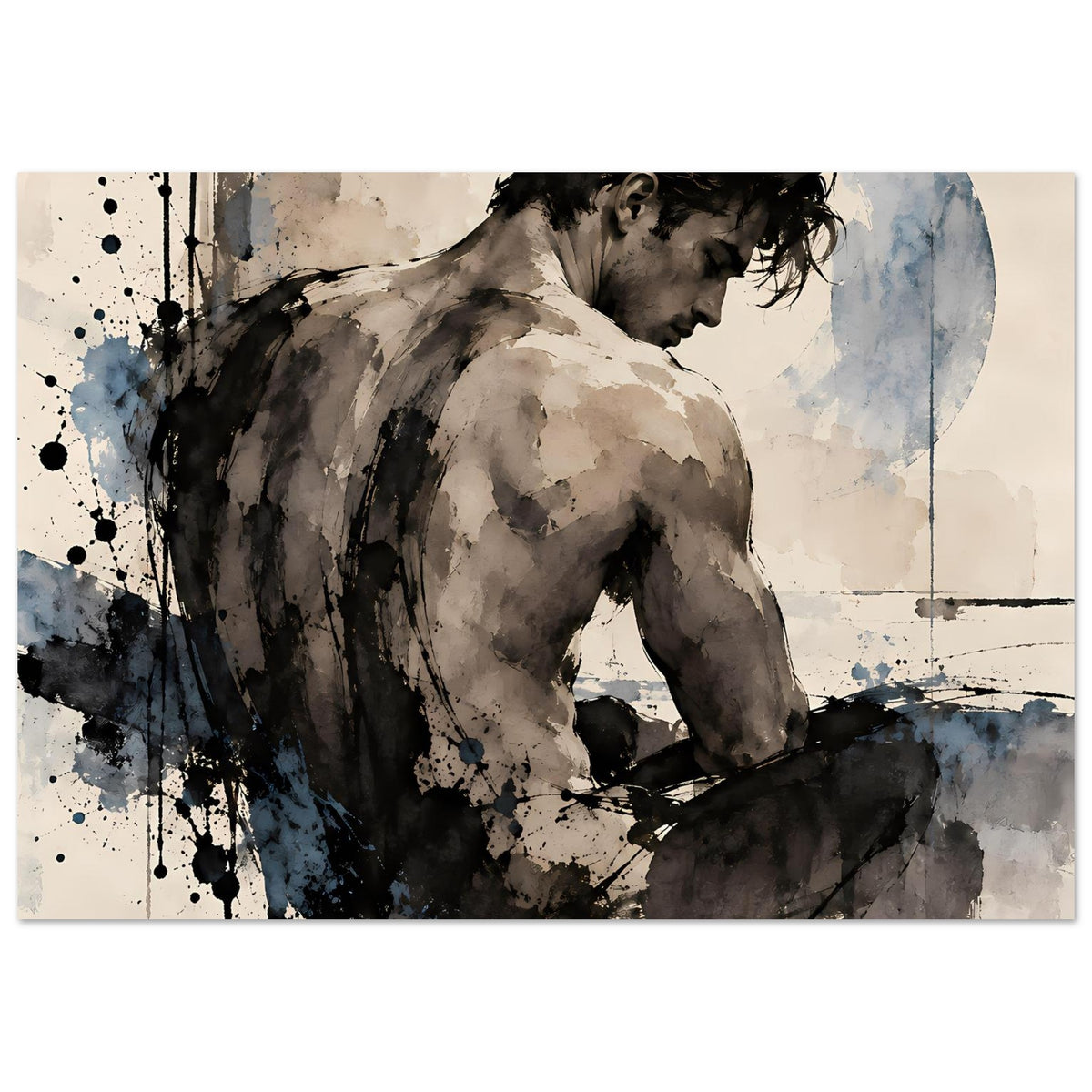 Kunstdruck Rückenansicht eines nackten Mannes, breiter Bildausschnitt, sepia und blau