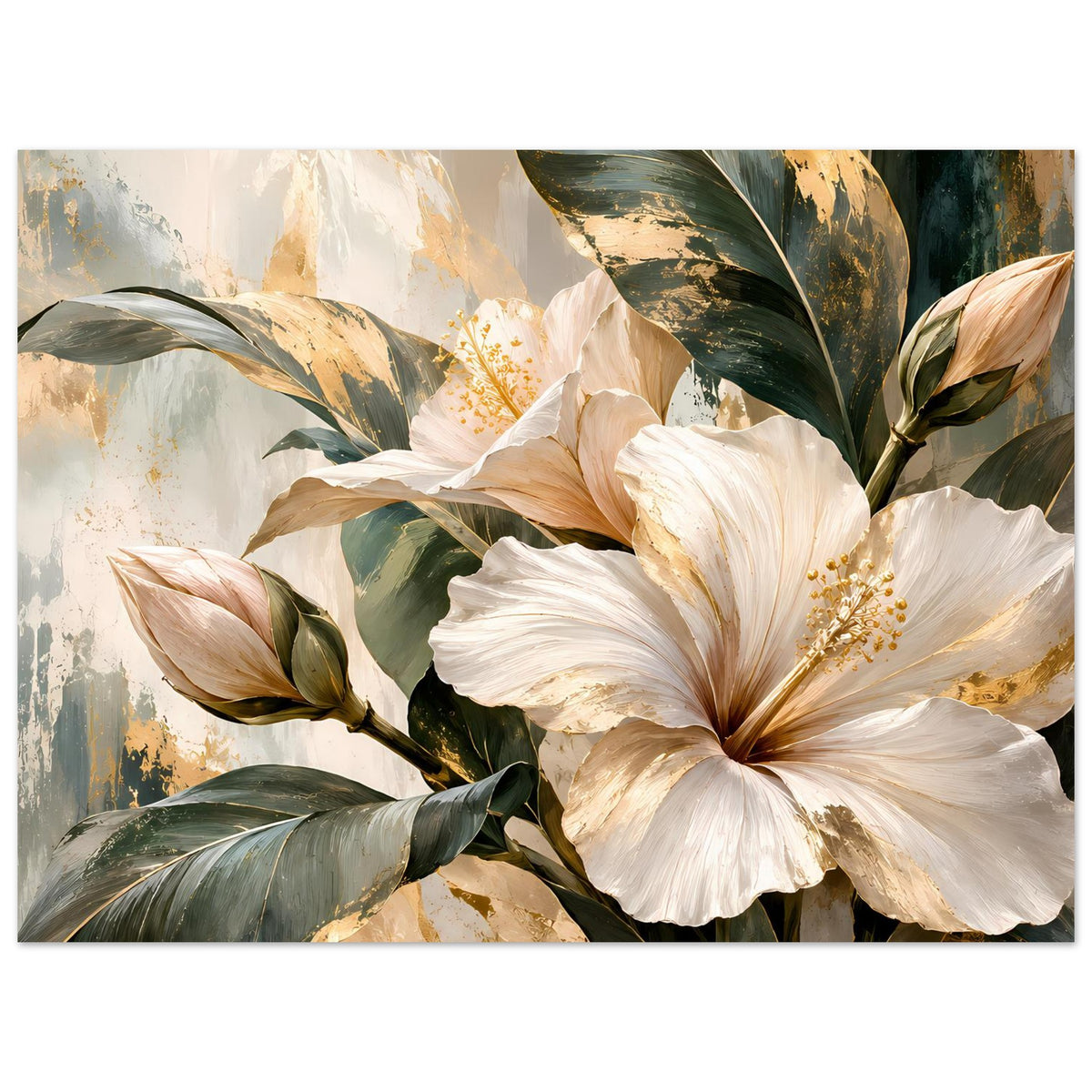 Blumenposter: weiße Blüten und goldene Details mit grünen Blättern in warmen Farbtönen