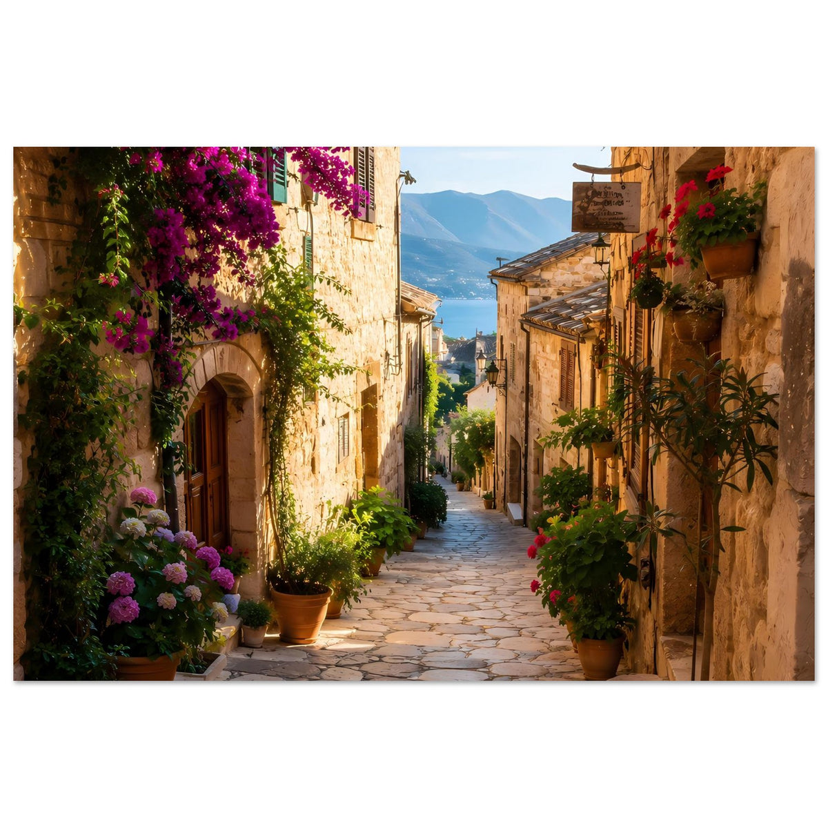 Poster mit Blick in eine mediterrane Gasse, Steinpflaster und viele Blumentöpfe
