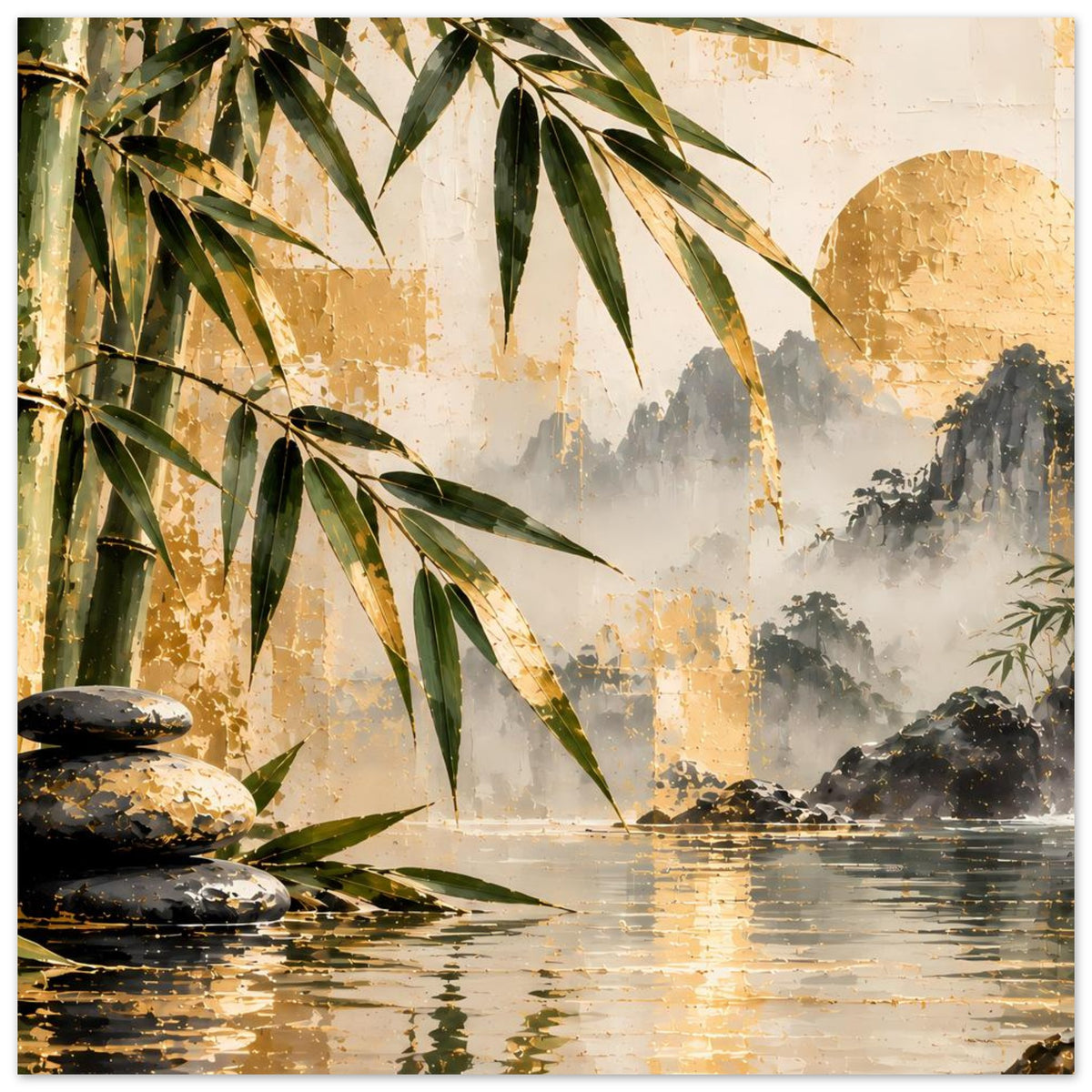 Bambus-Wasserfallposter mit Steinpaket im Vordergrund, goldenen Sprenkeln und Wasserreflexen