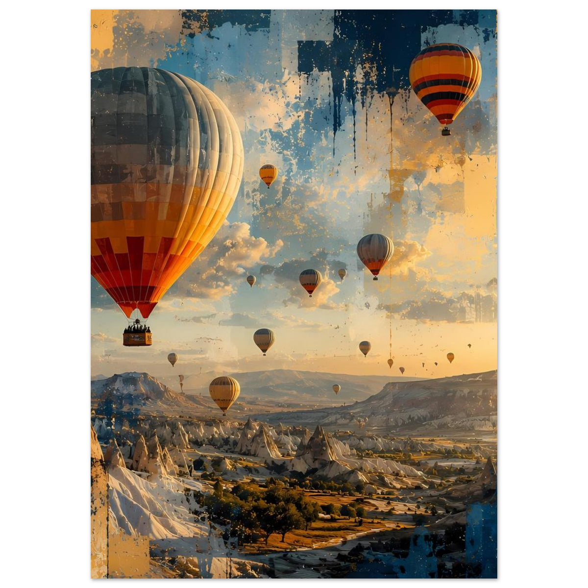 Posterdruck: Heißluftballons über felsigem Tal, goldene Himmelflächen und blaue Akzente