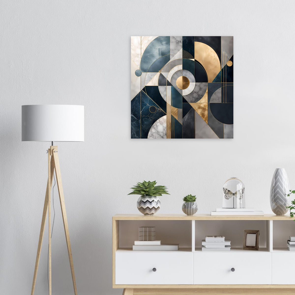 Abstraktes geometrisches Kunstposter, quadratisch, Blau/Grau/Gold mit Kreisen und Linien
