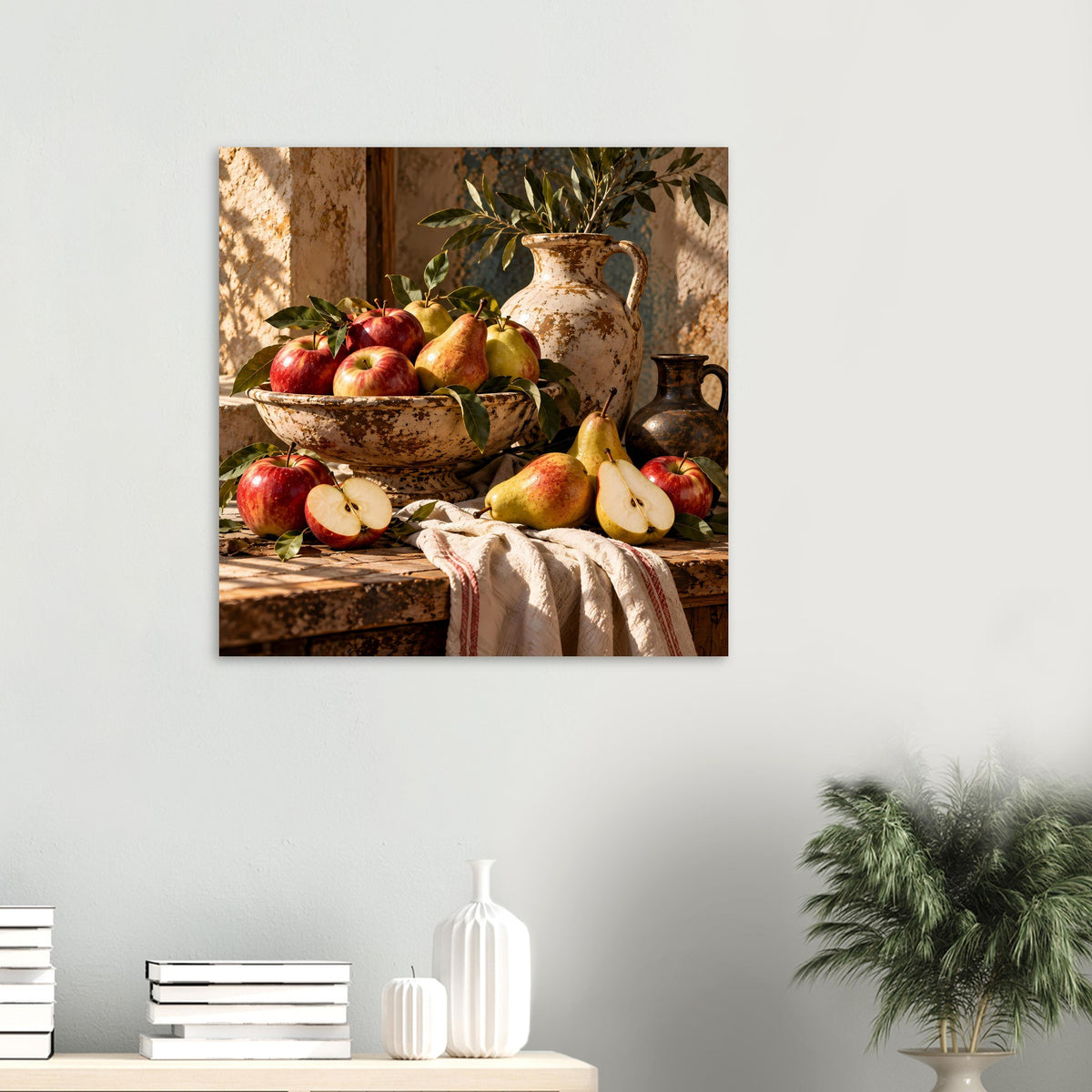 Stillleben-Poster kleinformatig: Äpfel, Birnen, Obstschale, Krug und Tuch als Motiv