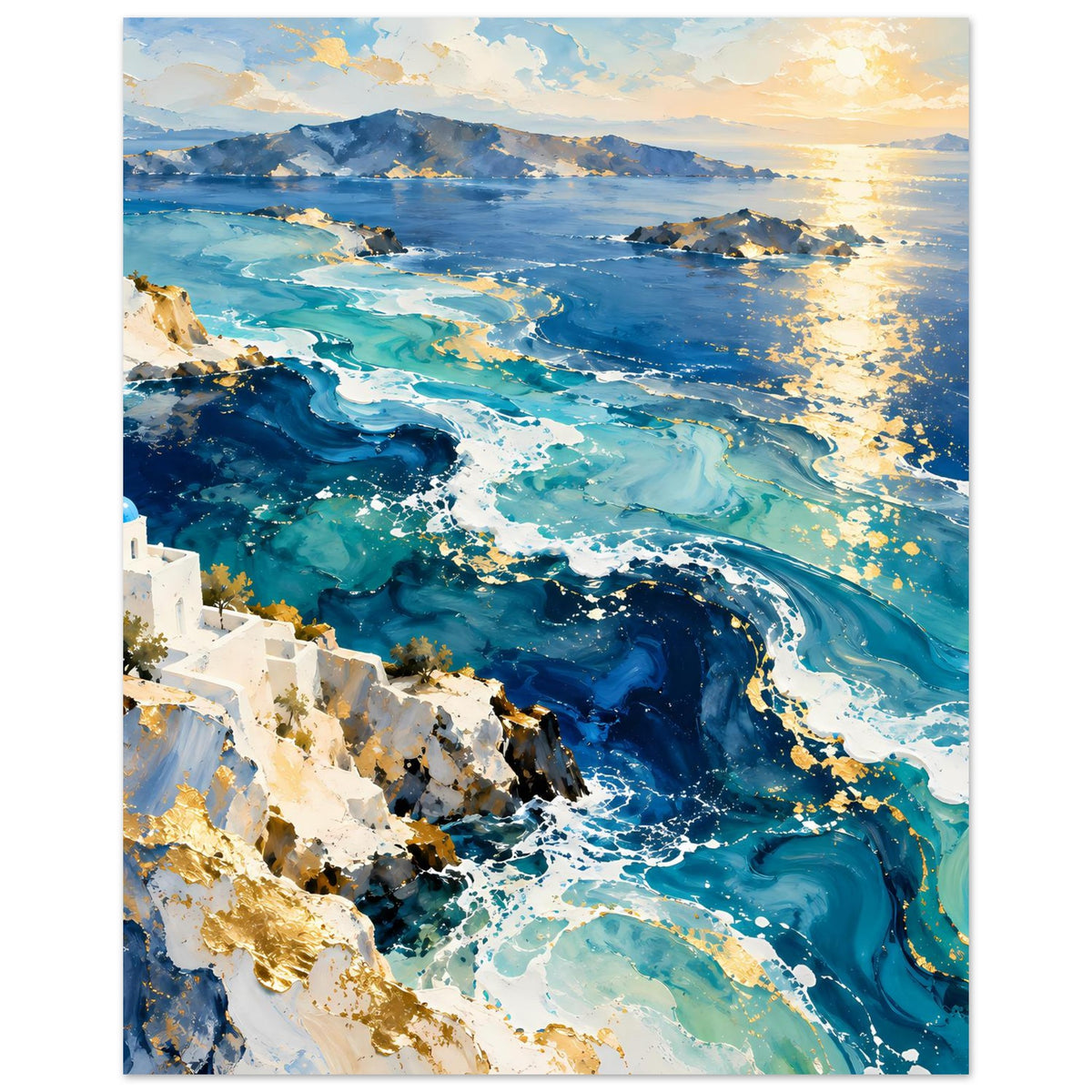 Hochformat-Poster mit Küstenansicht: türkisblaues Meer, schäumende Wellen und Felsen