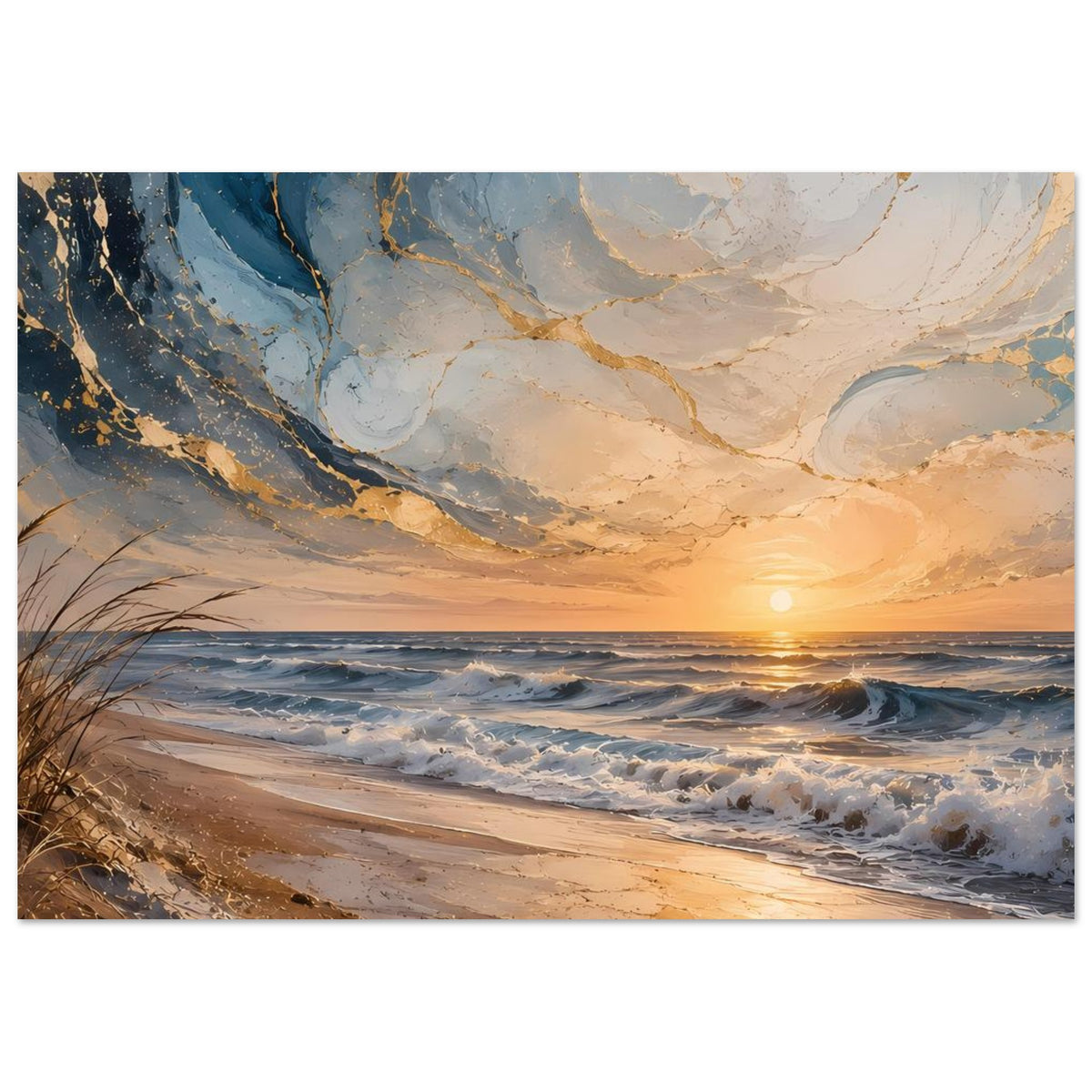 Querformatiges Strandposter mit goldenen Wellen bei Sonnenuntergang, zarte Wolkenoptik