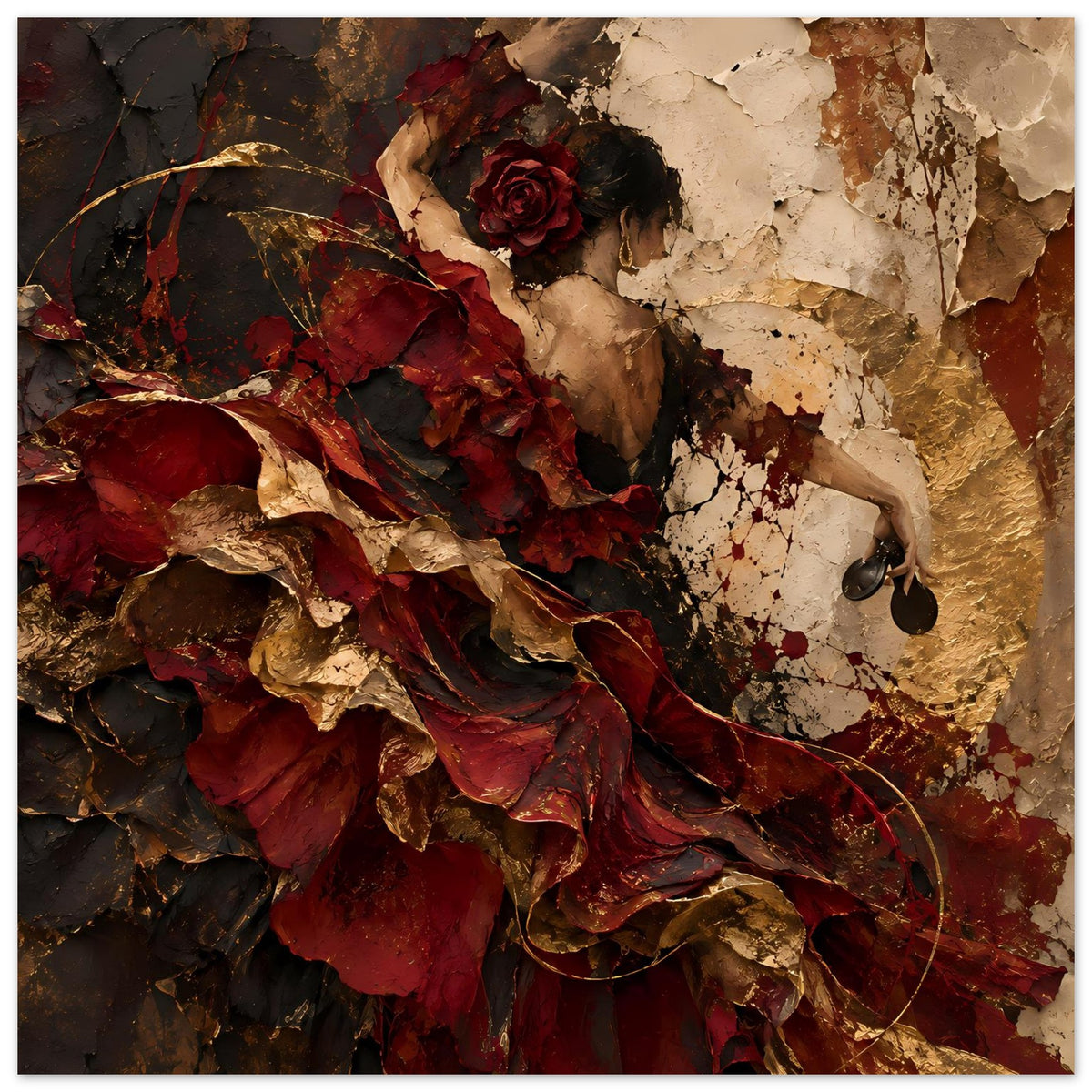 Hochformat-Wandposter: Flamenco-Motiv mit Tänzerin, rote Drapierungen, Rosenblüte, dunkle Details