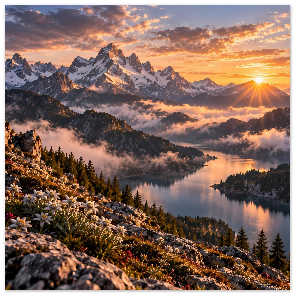 Quadratisches Poster: Sonnenuntergang über Alpen, Spiegelung im See und Blumen
