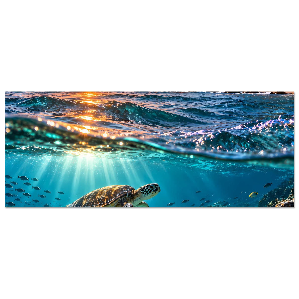 Horizontales Poster mit Meerschildkröte im Meer, Sonnenuntergang und Wellen