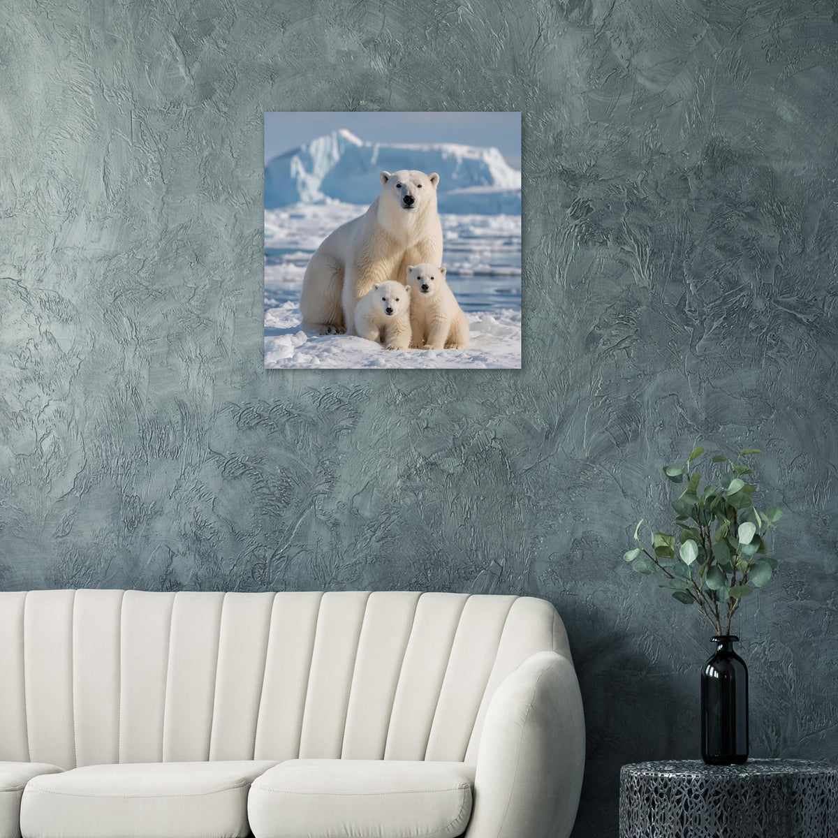 Quadratischer Kunstdruck mit Eisbärenfamilie auf verschneitem Untergrund