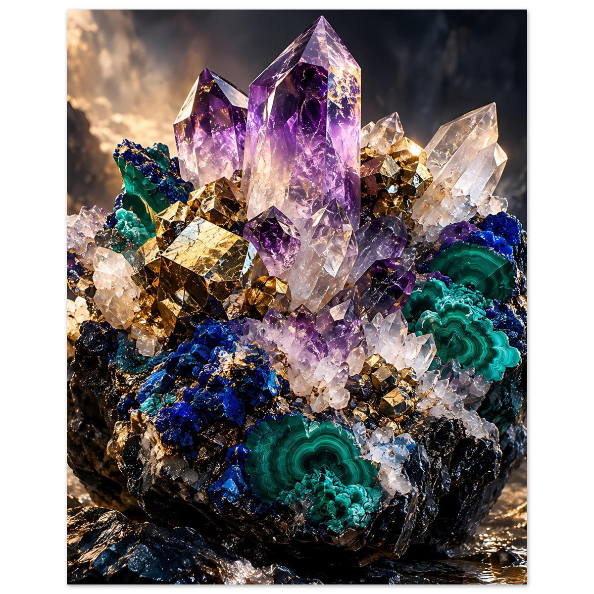 Kristallposter im Hochformat mit violetten Amethyst- und grünen Malachitkristallen, schwarzer Rand