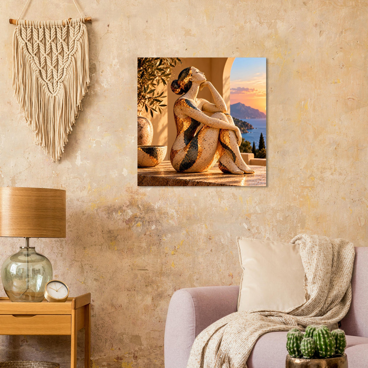 Poster mit Akt-Figur auf Steinpodest vor Meer und Sonnenuntergang