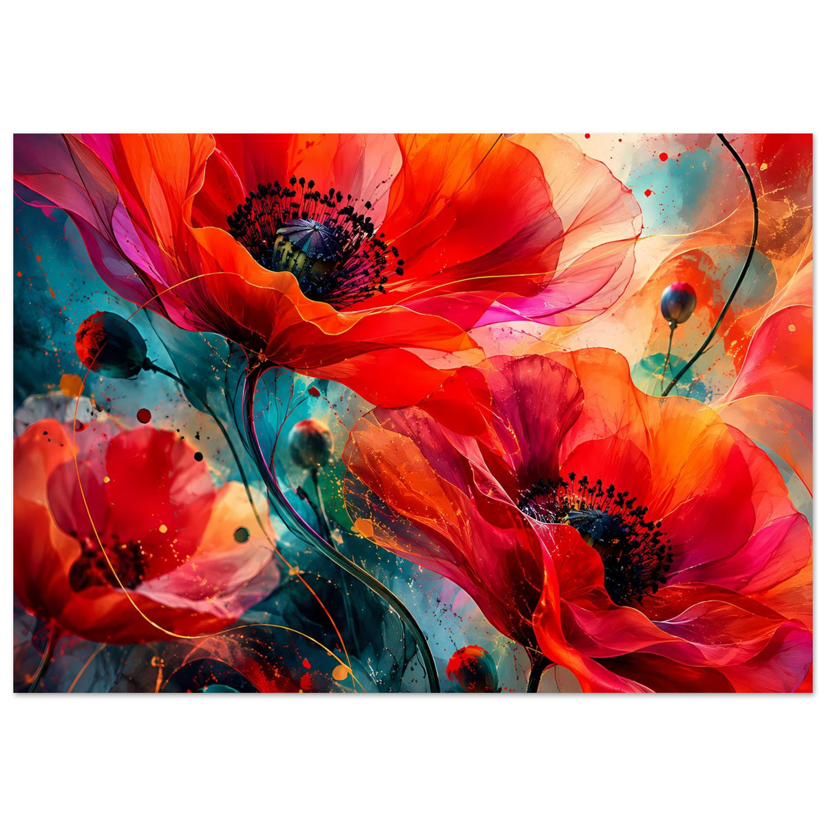 Horizontales Kunstposter mit roten Blüten und blau-grünen Aquarellverläufen