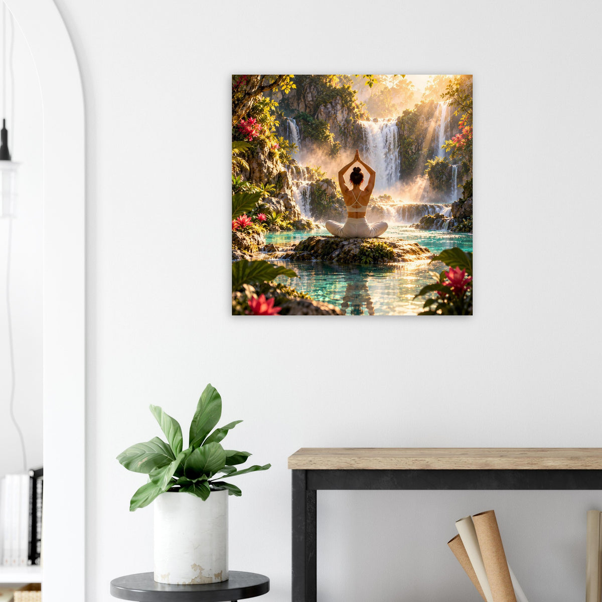 Quadratisches Yoga-Meditationsposter mit Lotus-Pose, Wasserfall und farbigen Blumen