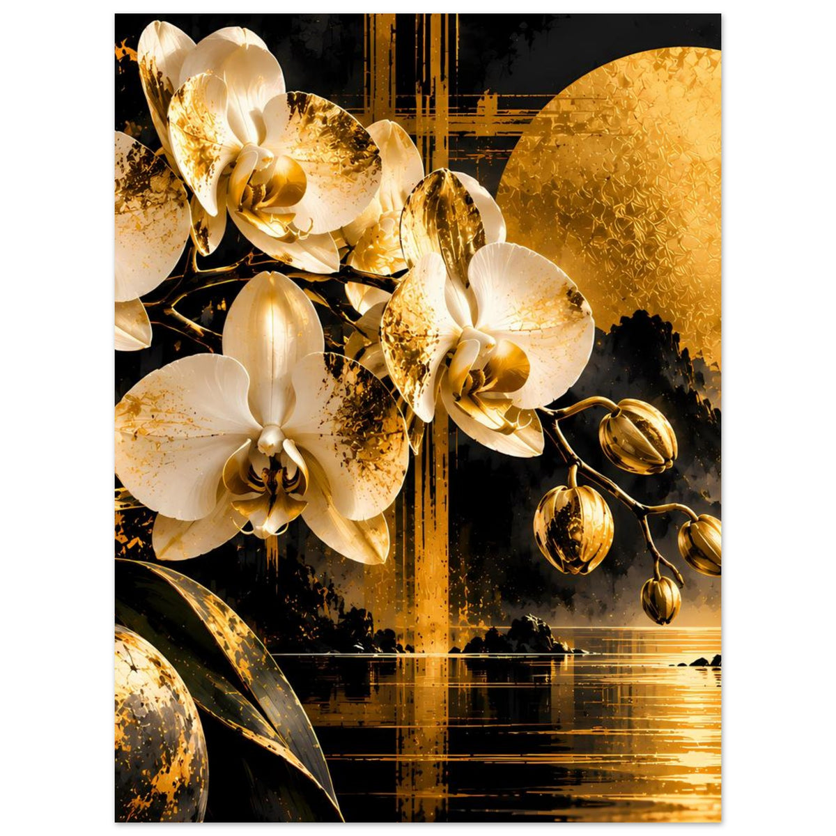 Orchideenposter: goldene Mondsichel, weiße Orchideenblüten und glänzende Wasserreflexe