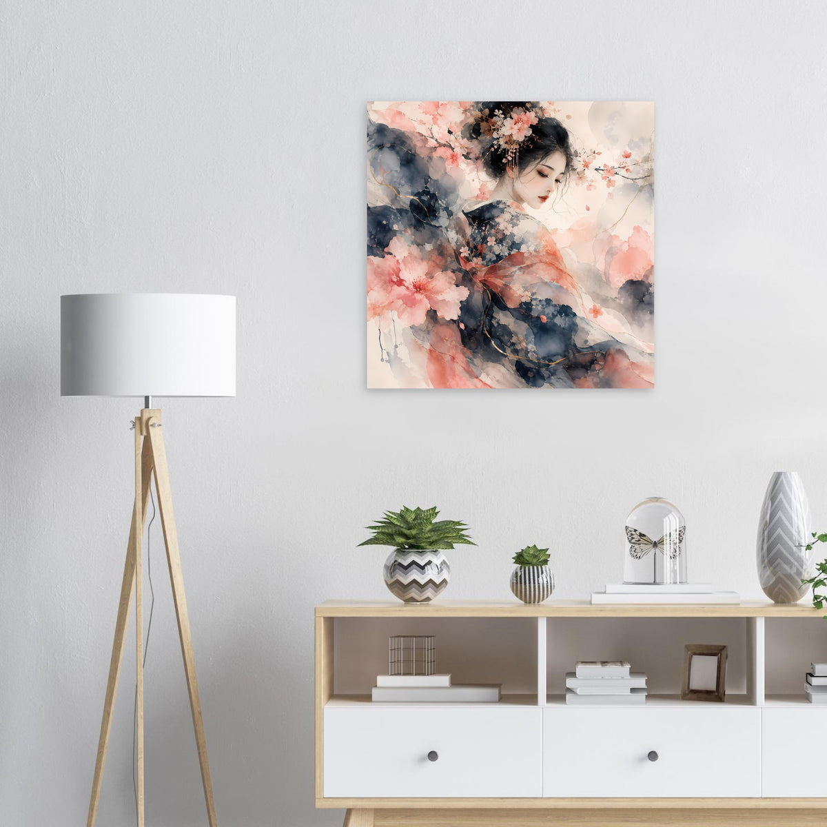 Quadratisches Wandposter mit Aquarellmotiv: Porträt einer Frau zwischen Blumenwolken