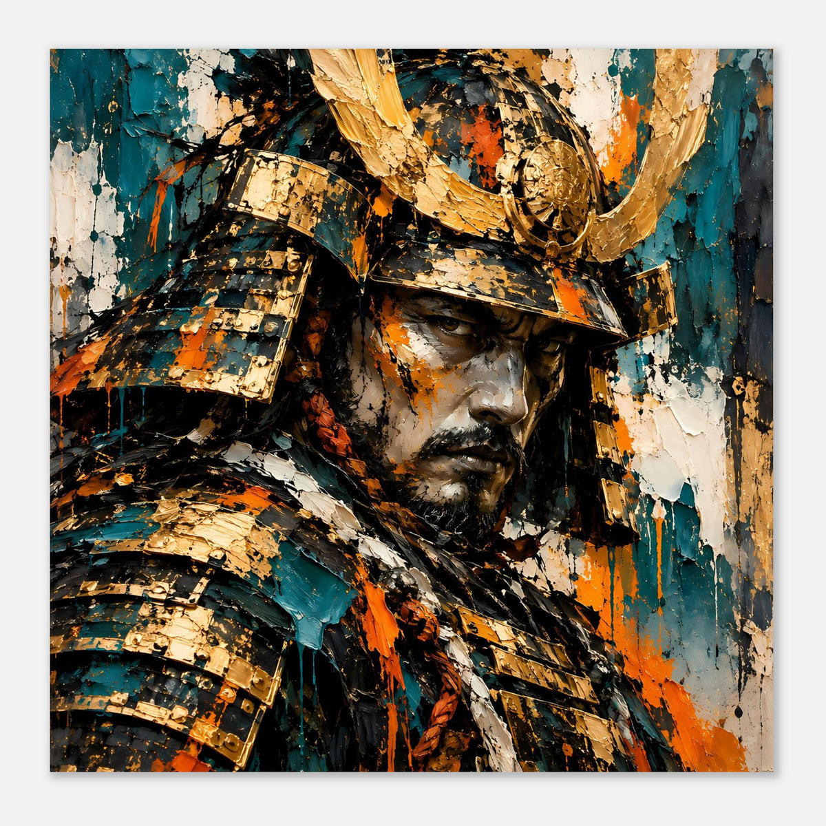 Poster im Querformat: Samurai-Krieger, goldene Helmform, Türkis, Orange und Schwarz
