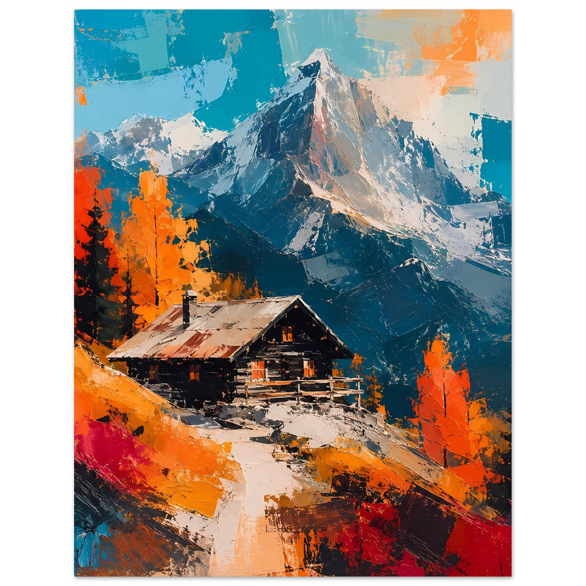 Vertikales Wandposter mit Berghütte im Tal, Herbstorange und blaues Bergmassiv