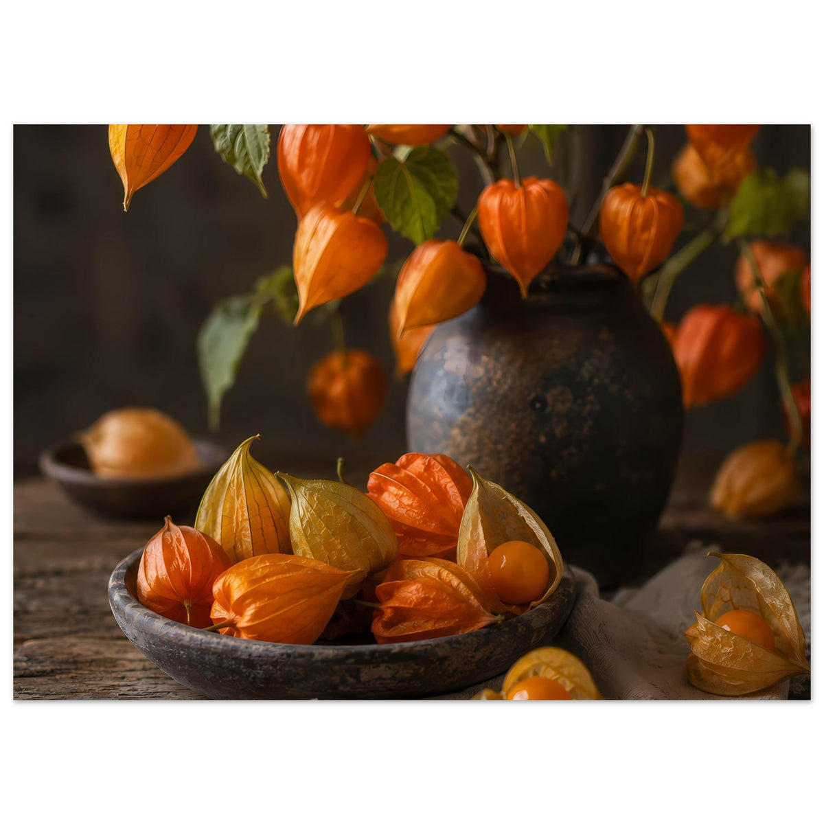 Herbstliches Stillleben-Poster, horizontal: Schüssel mit orange Kürbisfrüchten vor dunkler Vase