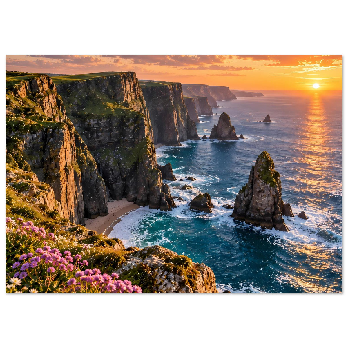 Horizontales Wandposter: Sonnenuntergang über dem Meer, Küstenklippen und pinke Blumen