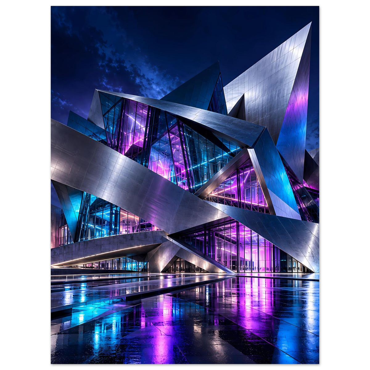 Futuristisches Architekturposter, Hochformat: silbernes Bauwerk mit blauem und magentafarbenem Licht
