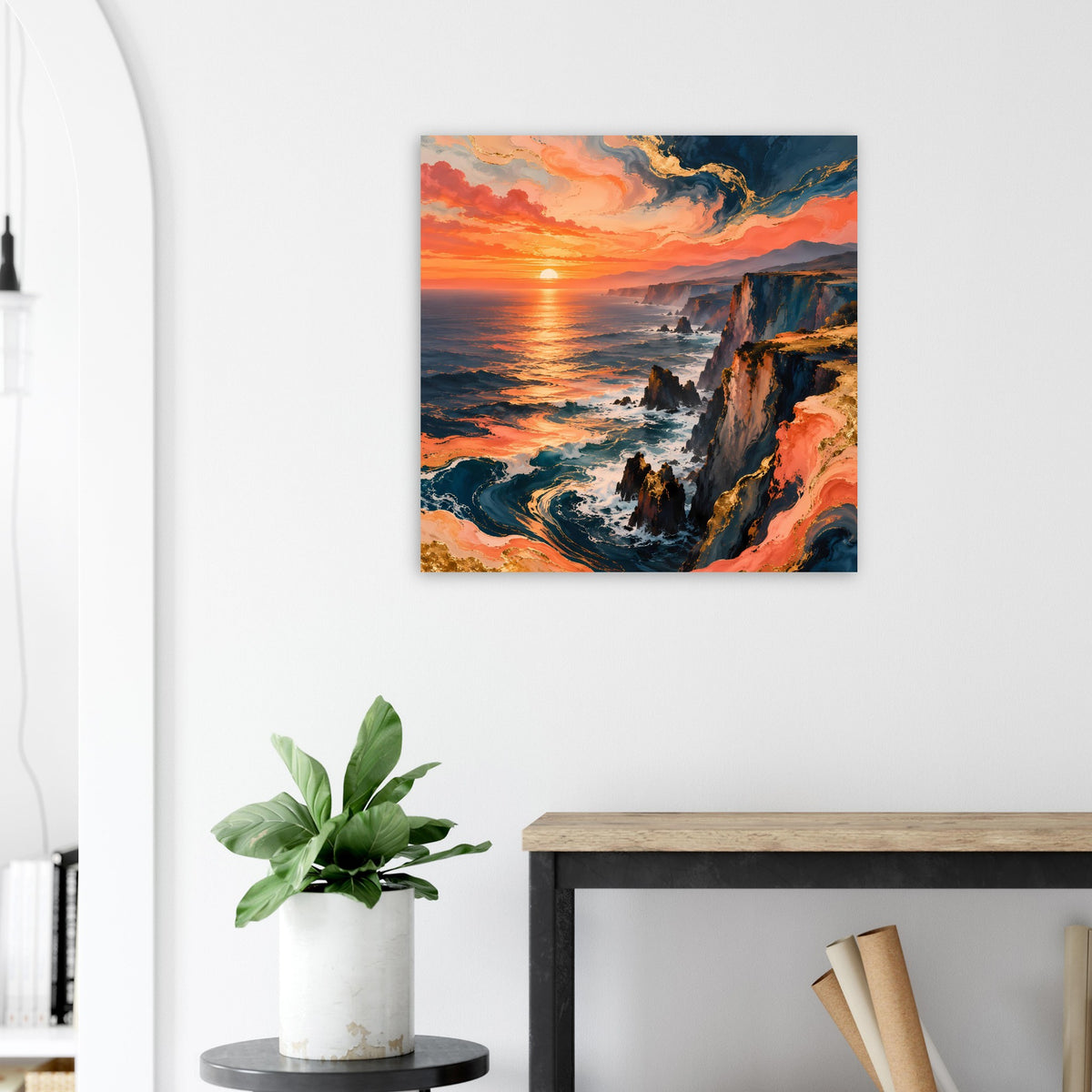 Posterdruck mit Sonnenuntergang über Felsküste, Wellenverlauf und kräftiger Orange-Blau-Farbpalette
