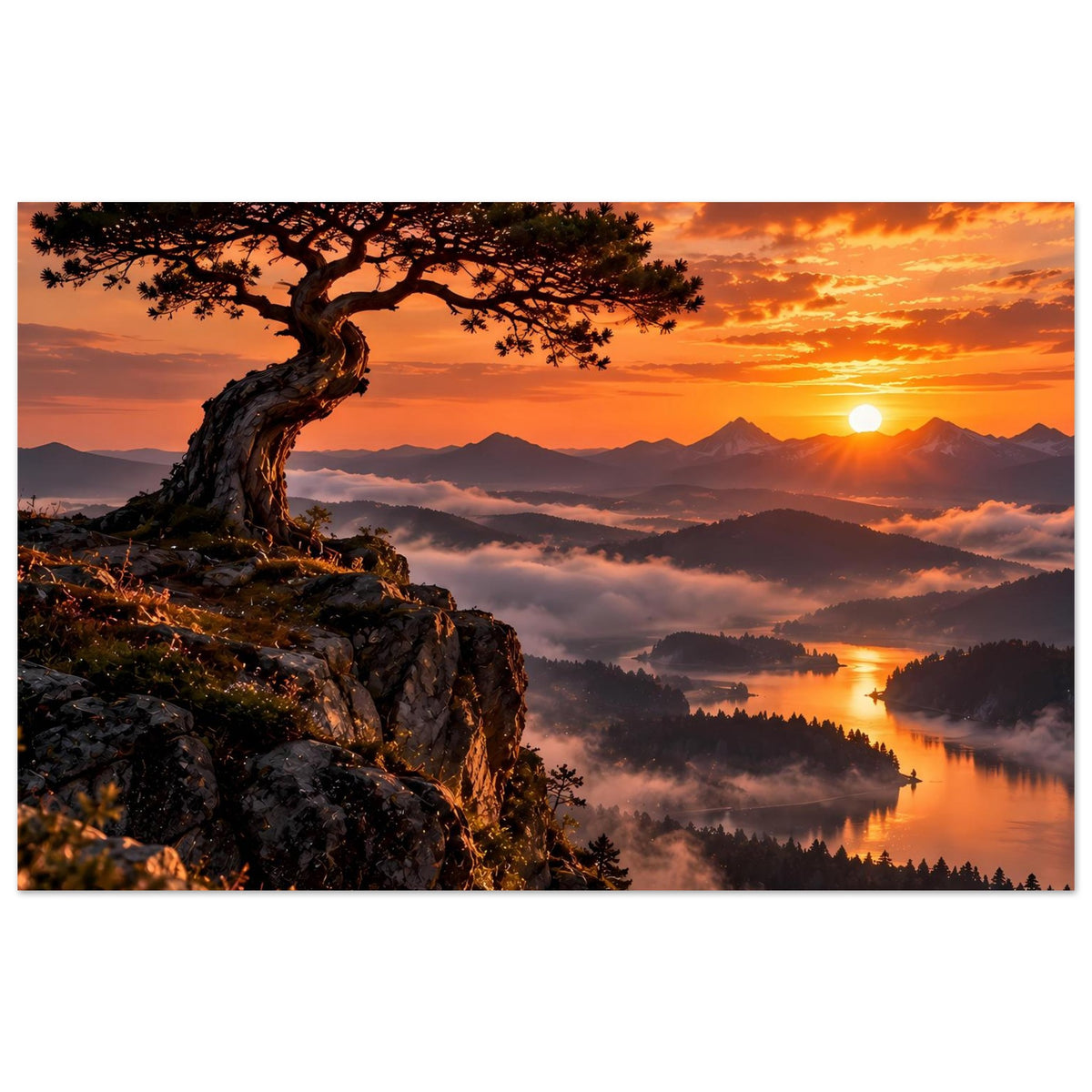 Poster mit knorrigem Baum links, orangefarbenem Sonnenaufgang und spiegelndem See im Nebel.