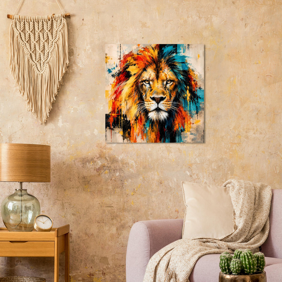 Löwenposter mit stilisiertem Löwenkopf in Orange und Blau, quadratisch gerahmt.