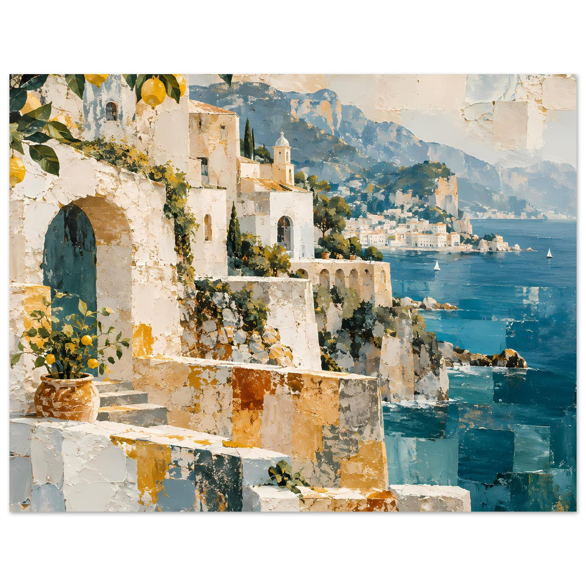 Kunstposter mit Küstenstadt in Ocker und Tiefblau, Häuser am Hang über dem Meer