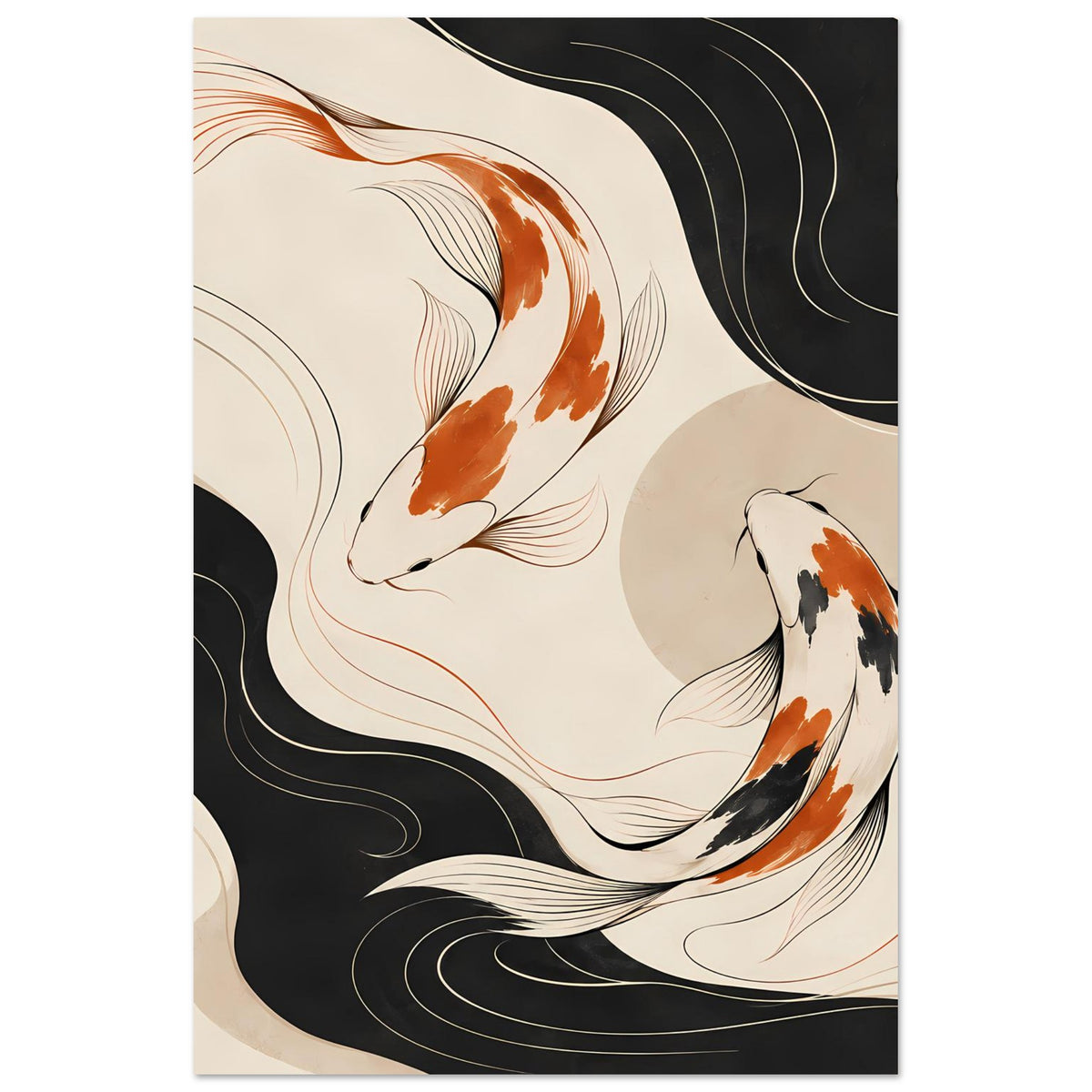 Japanisches Poster mit Koi-Fischen, schwarz-beige, vertikaler Ausschnitt an der Wand
