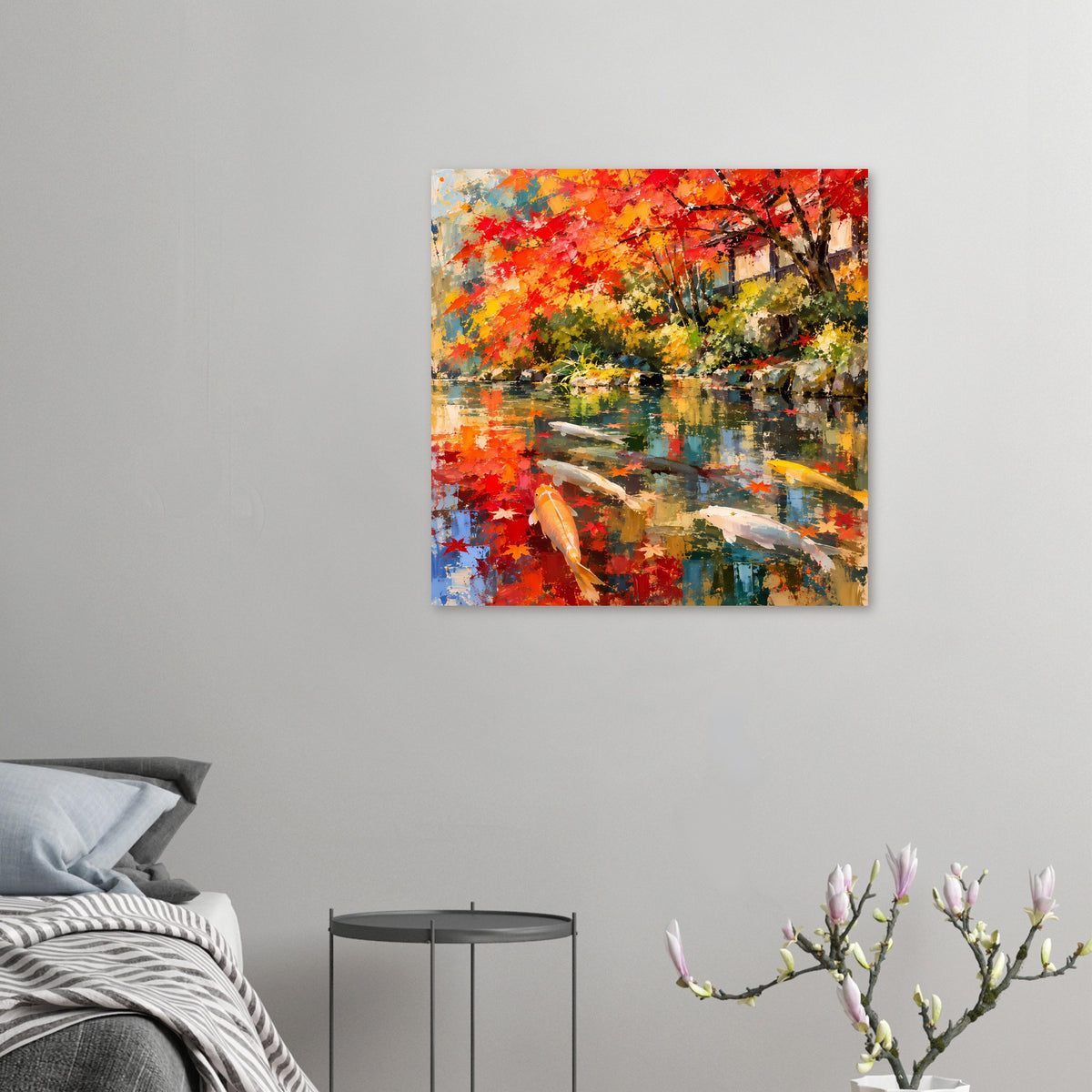Kleines Herbst-Koi-Teich Poster mit Koi-Fischen, bunten Blättern und Wasserreflexion