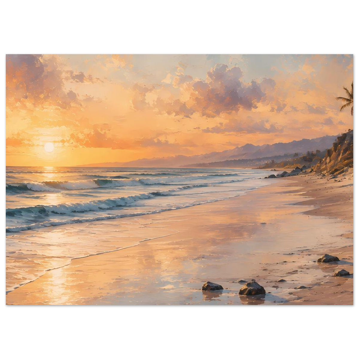 Strandposter auf mattem Papier, Querformat: goldener Sonnenaufgang über dem Meer, Wellen und Steine.