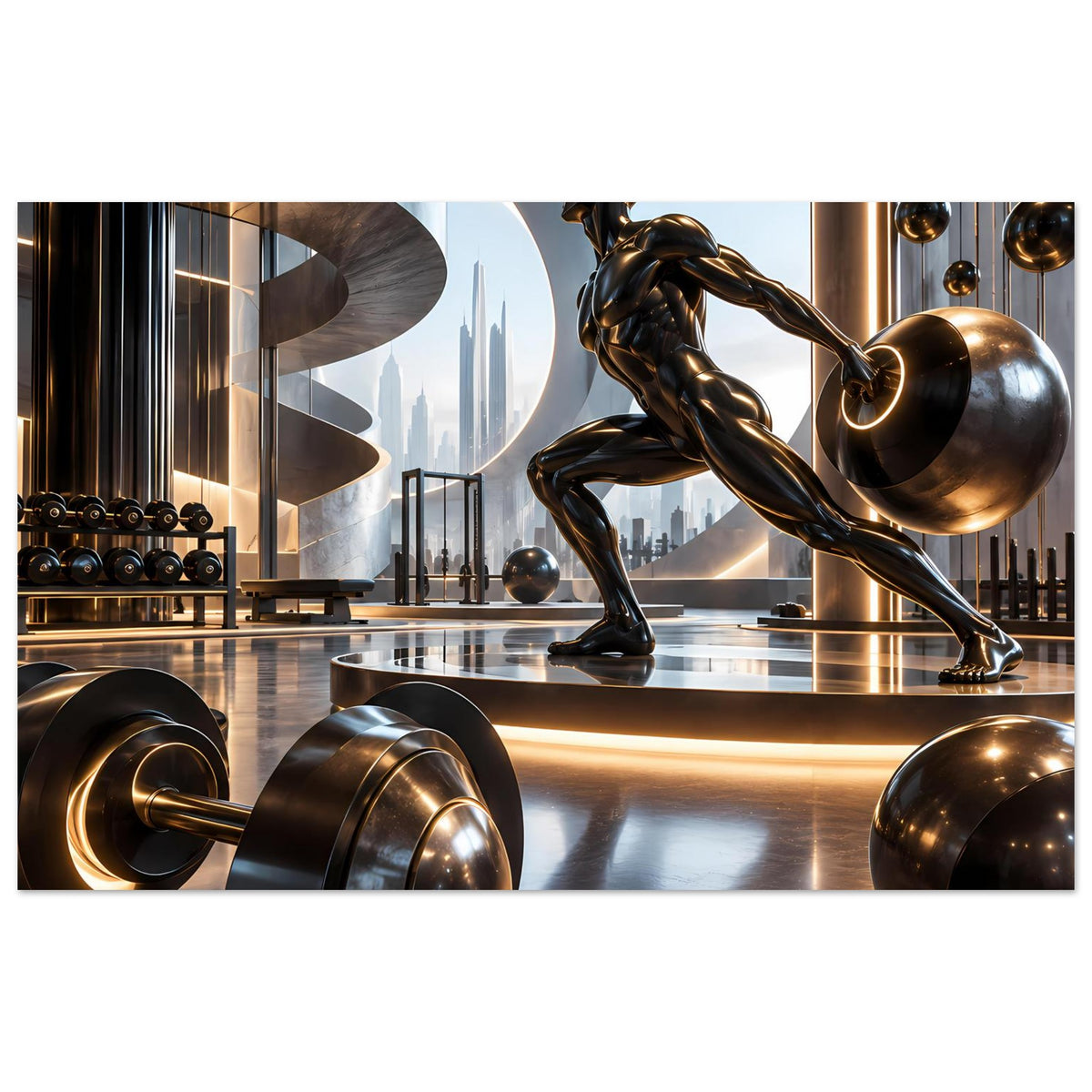 Fitness-Poster mit Bronze-Sportlerin, Hantelscheiben und beleuchteten Geräten in Gymszene